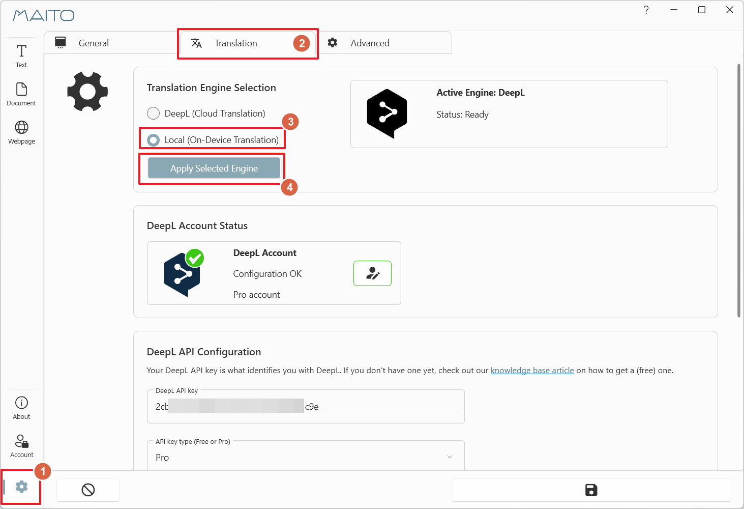 Translation settings tab with Local option enabled