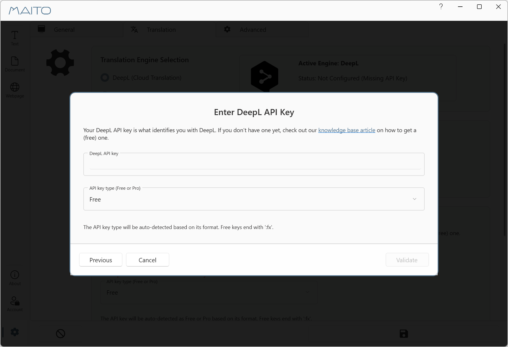 MAITO onboarding DeepL key entry