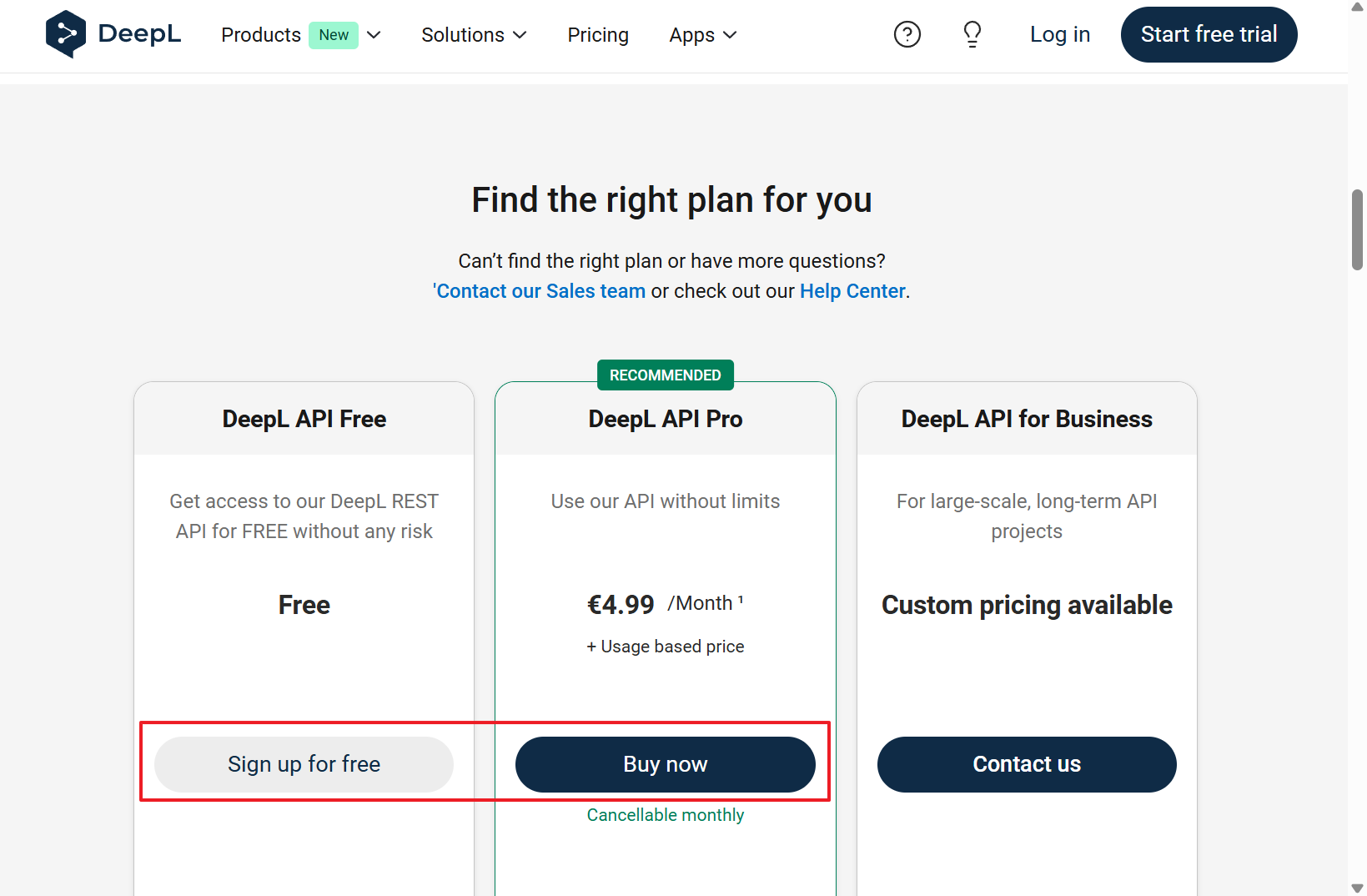 DeepL API signup page