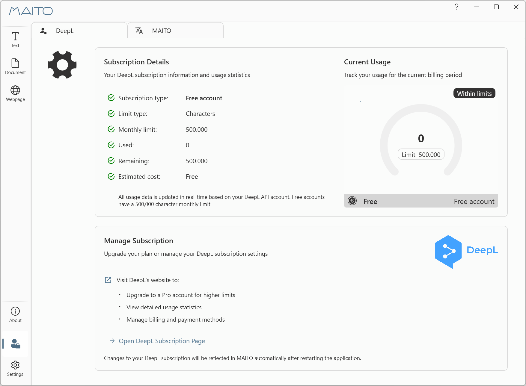 DeepL usage tracking for Free plan